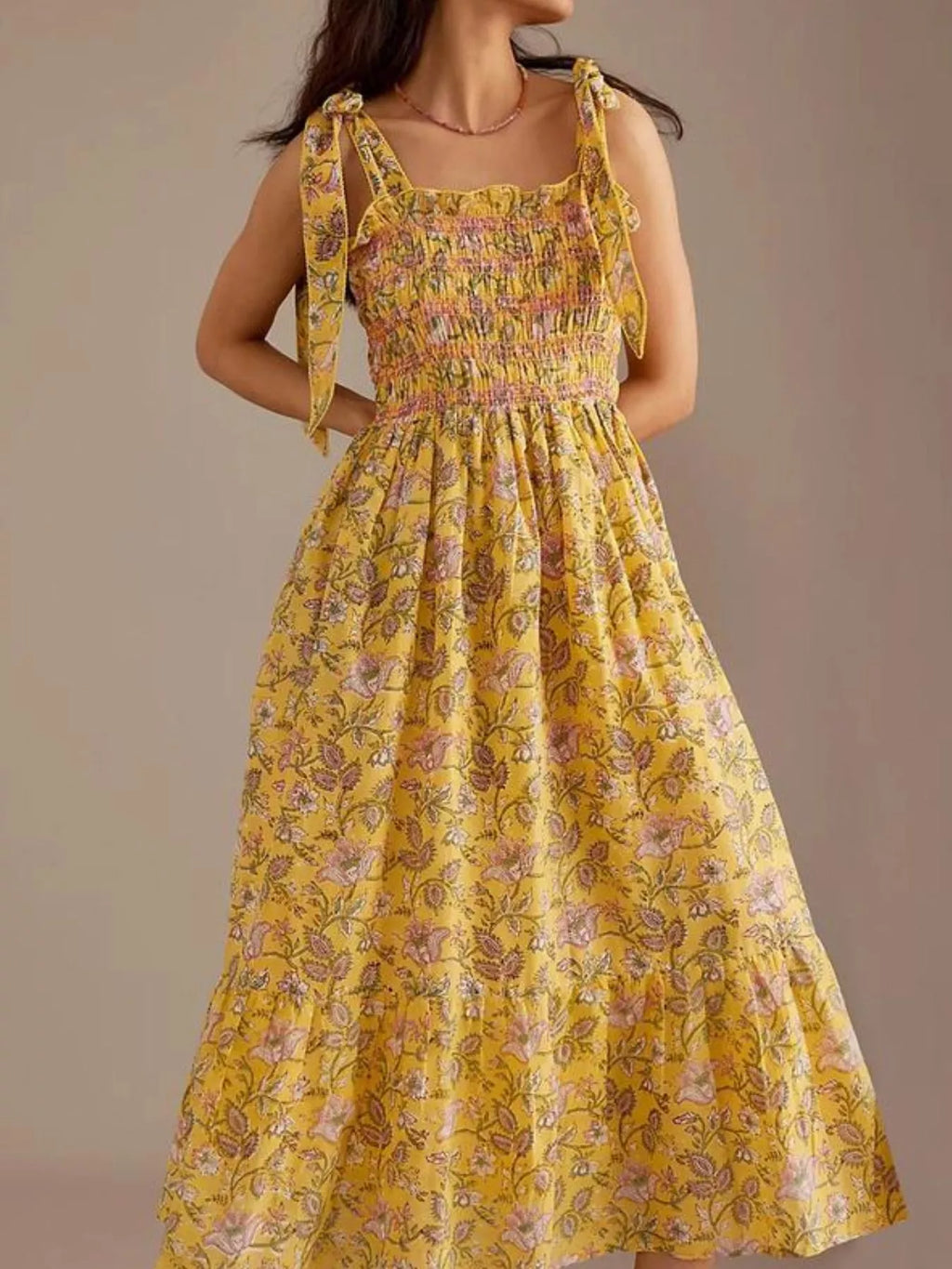 Floral Smocked Tie-shoulder Midi Dress (9)