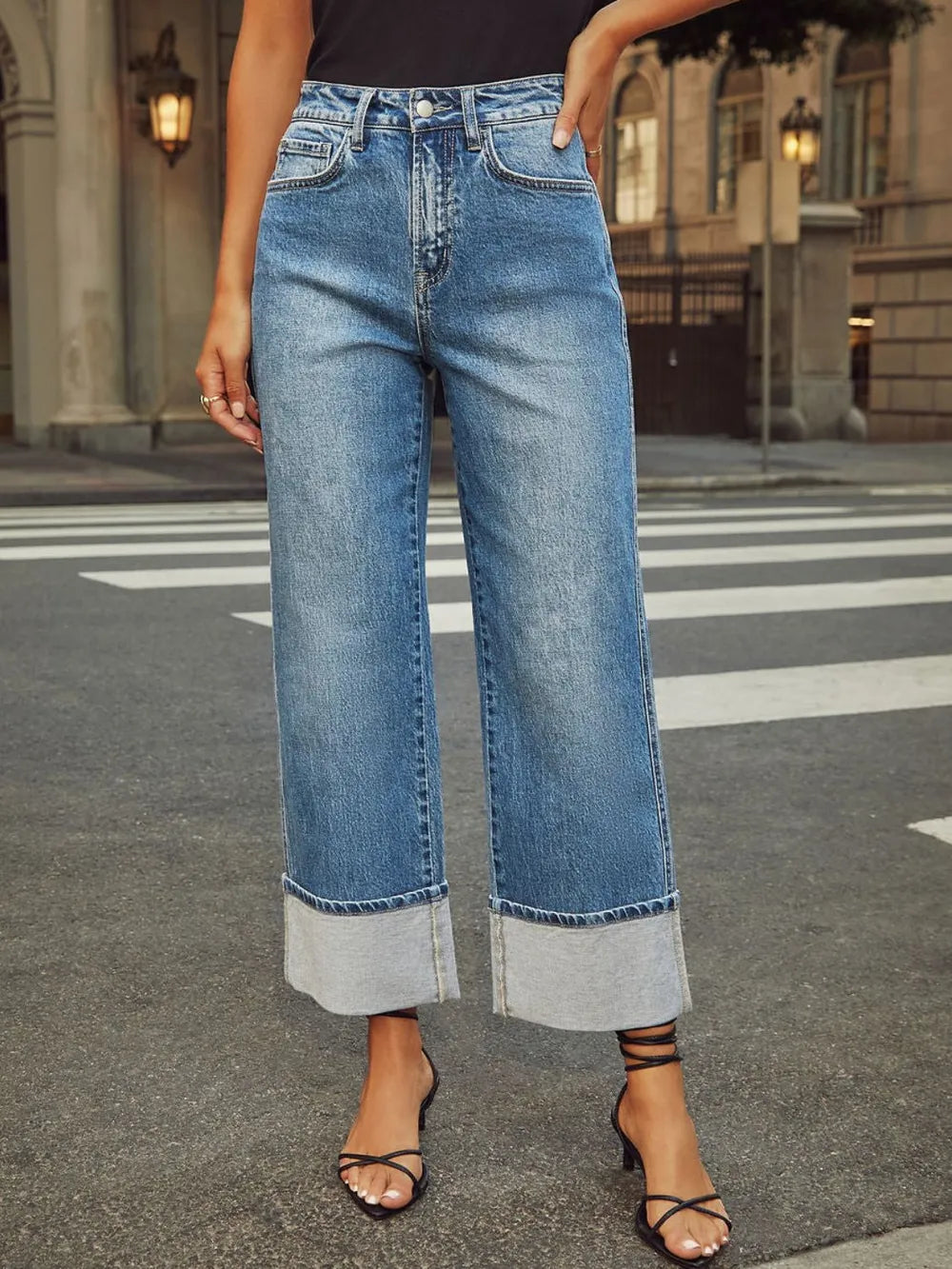 High Waisted Straight Leg Rolled Jeans (4)