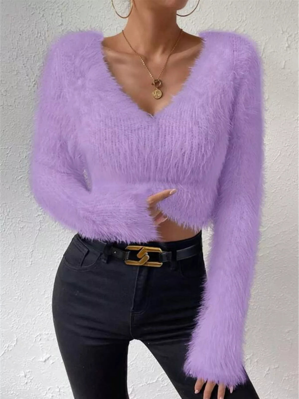 Fluffy Knit V-neck Sweater (11)