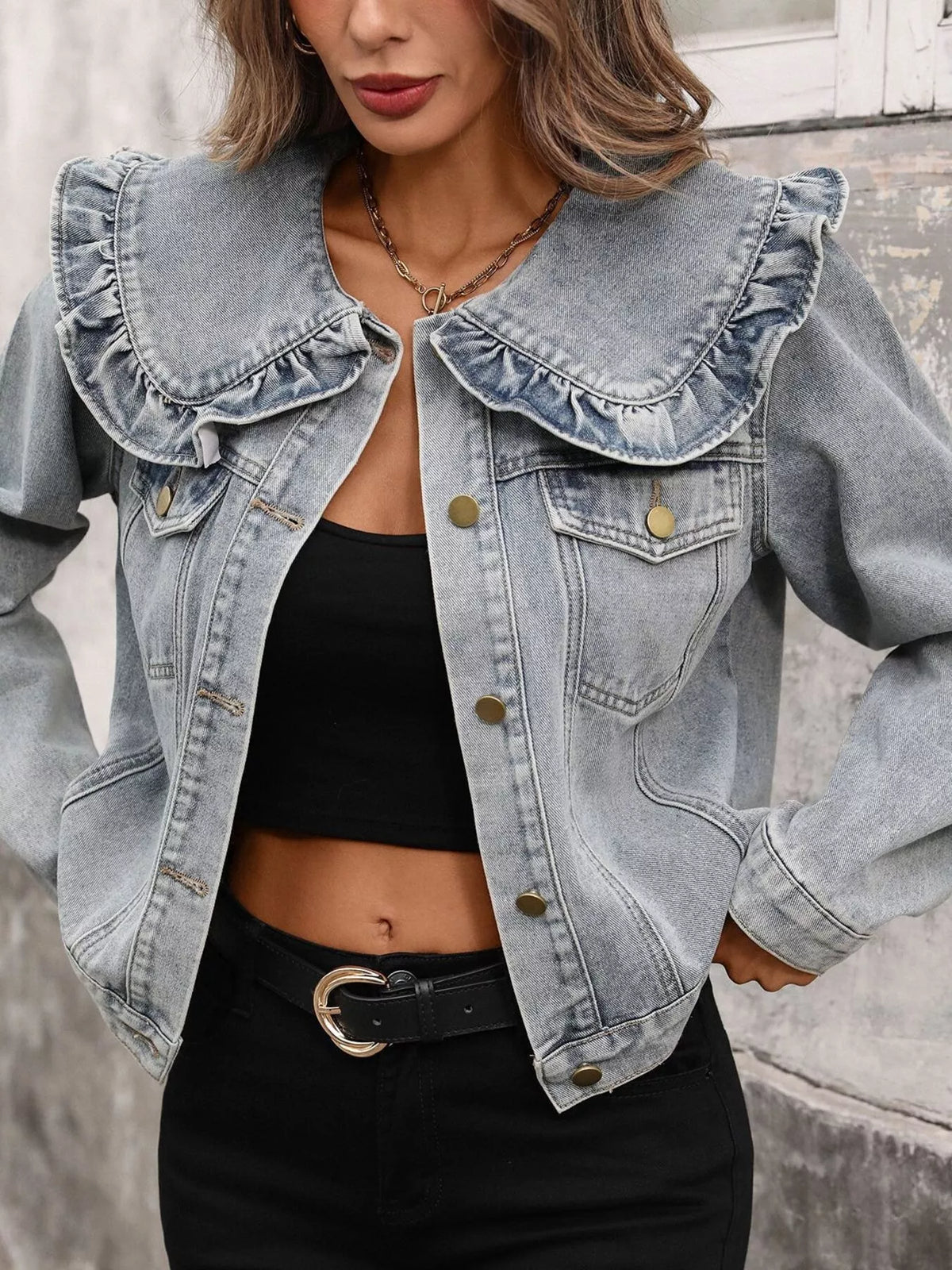 Floral Ruffle Collar Denim Jacket (8)