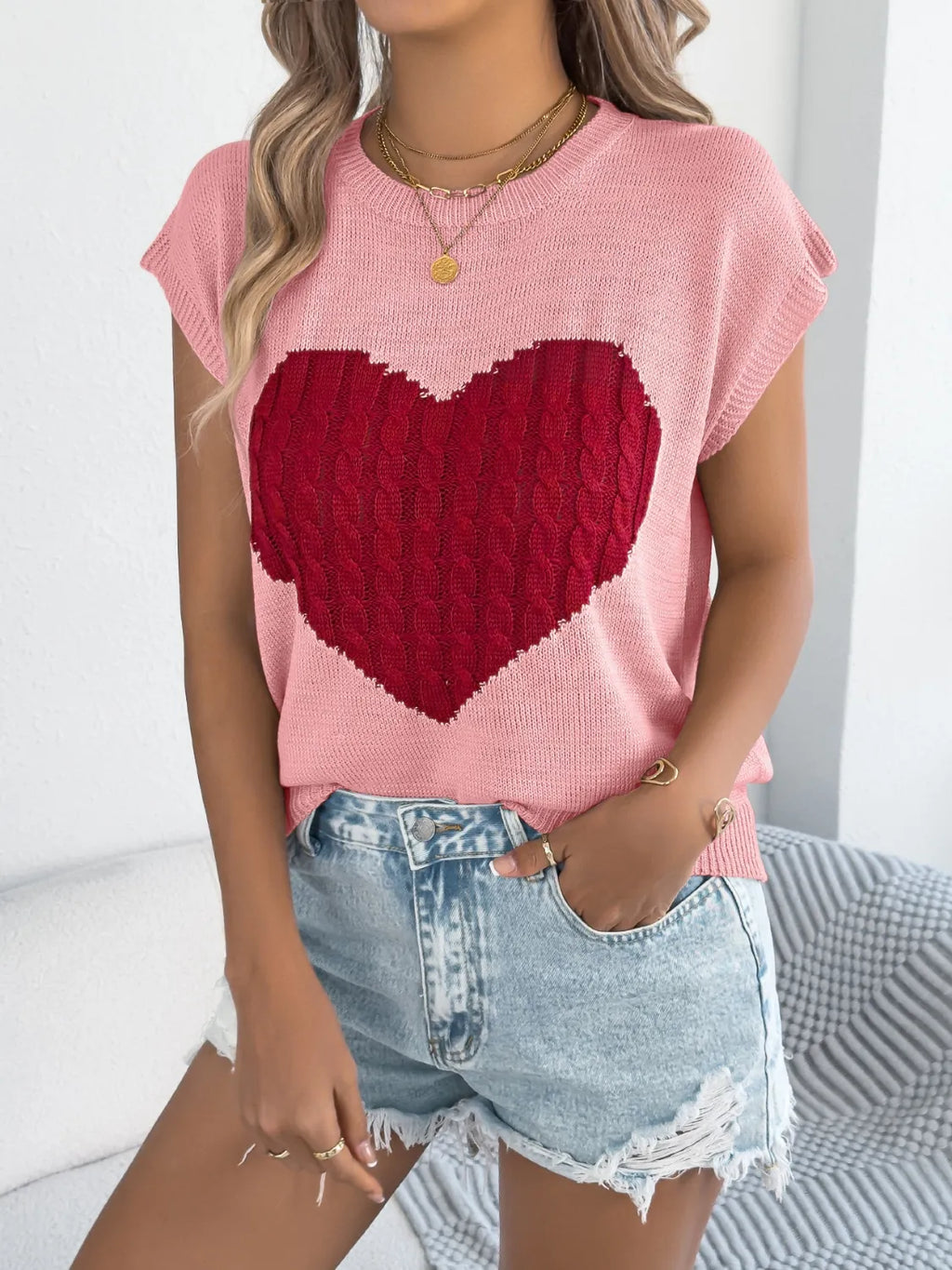 Cable Knit Heart Round Neck Cap Sleeve Top (4)