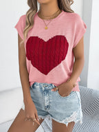 Cable Knit Heart Round Neck Cap Sleeve Top (4)