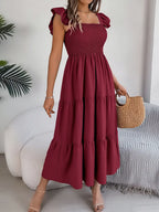 Smocked Square Neck Cap Sleeve Midi Dress (22)