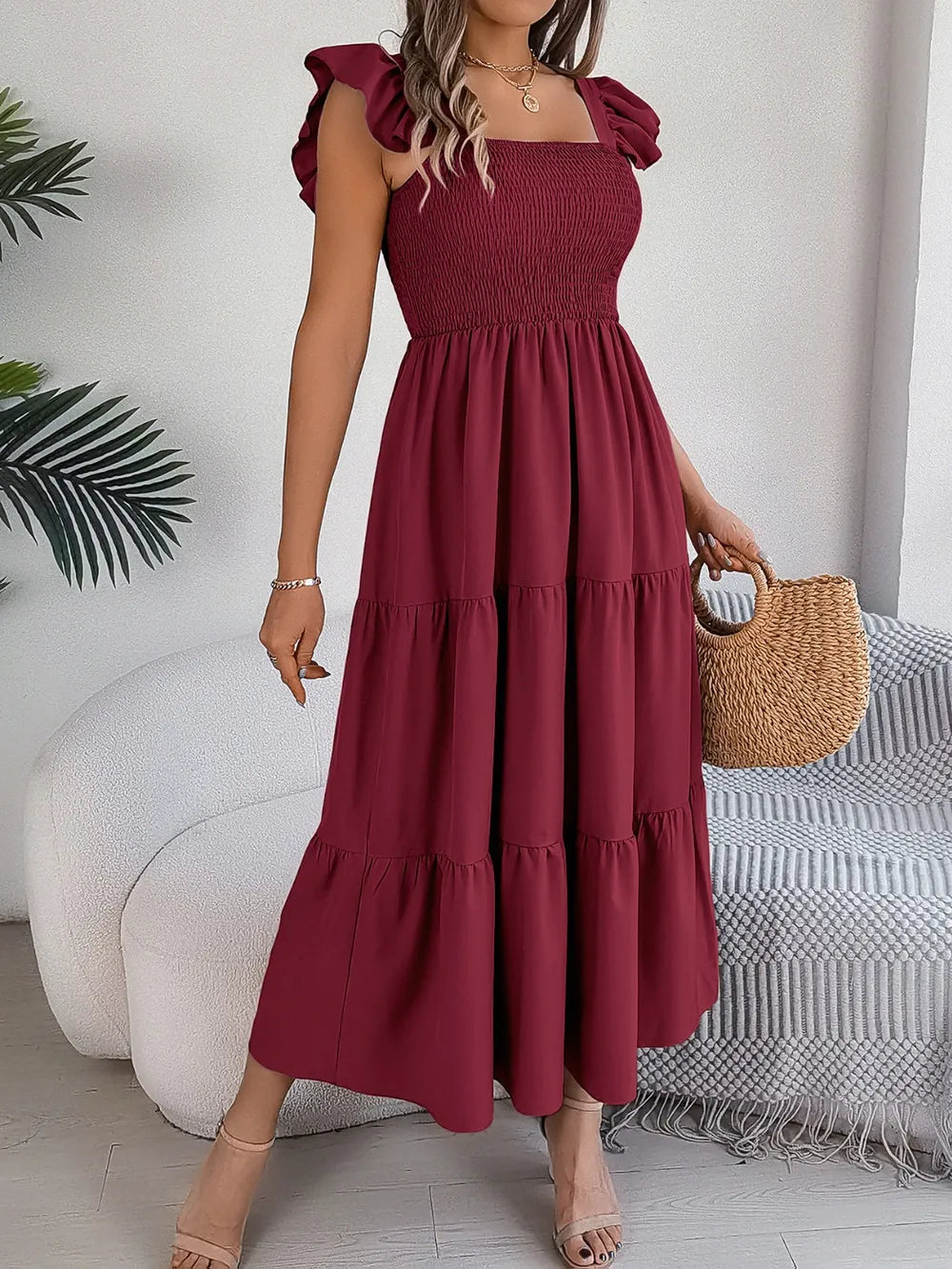 Smocked Square Neck Cap Sleeve Midi Dress (22)