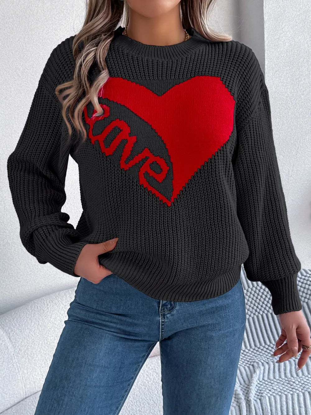Love Heart Round Neck Dropped Shoulder Sweater (15)