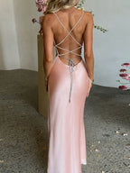 Slinky Satin Cowl Neck High Slit Dress Back Lace Up (8)