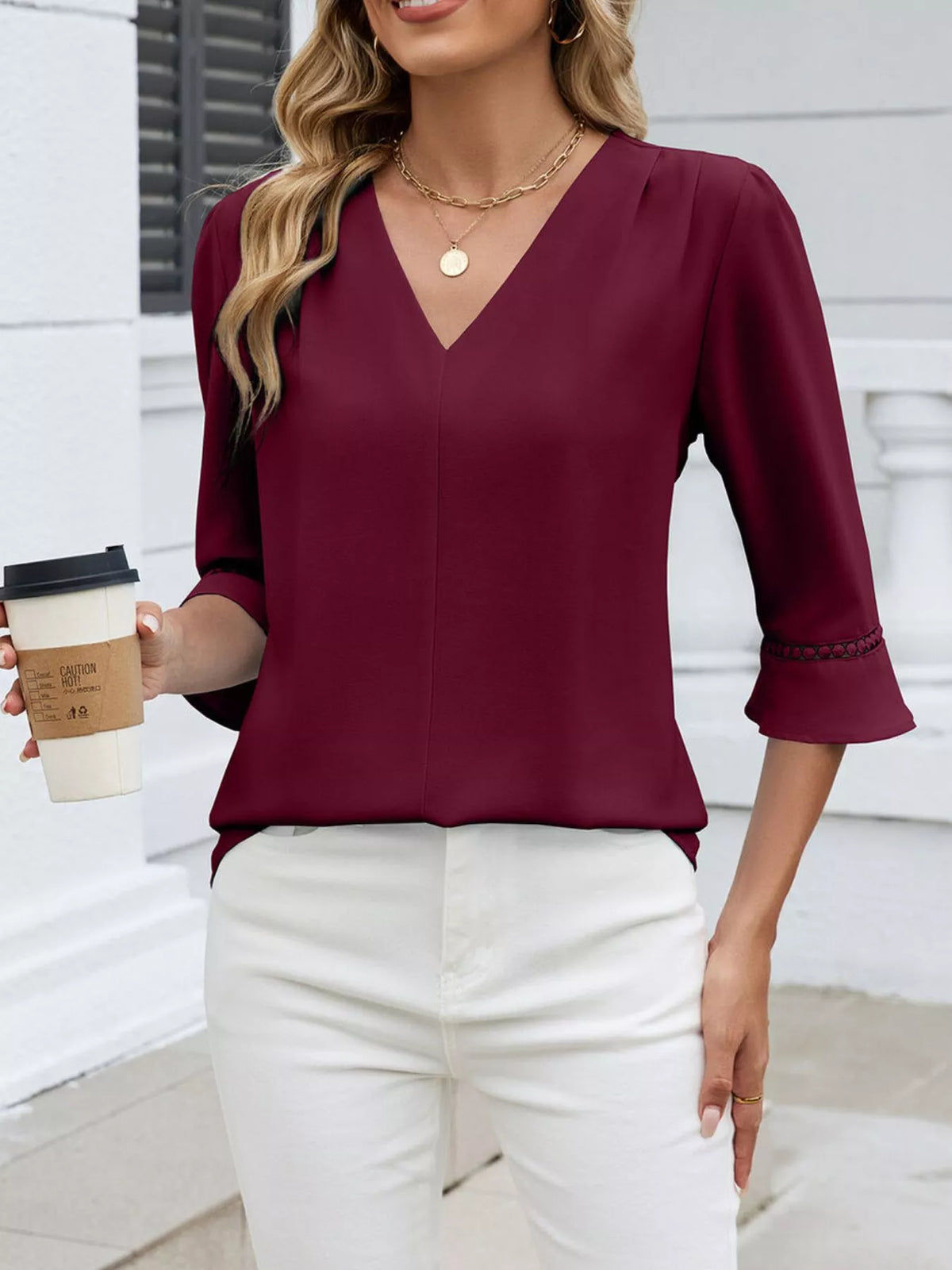 V-neck 3/4 Sleeve Blouse (3)