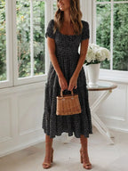 Printed Square Neck Short Sleeve Midi Dress (7)