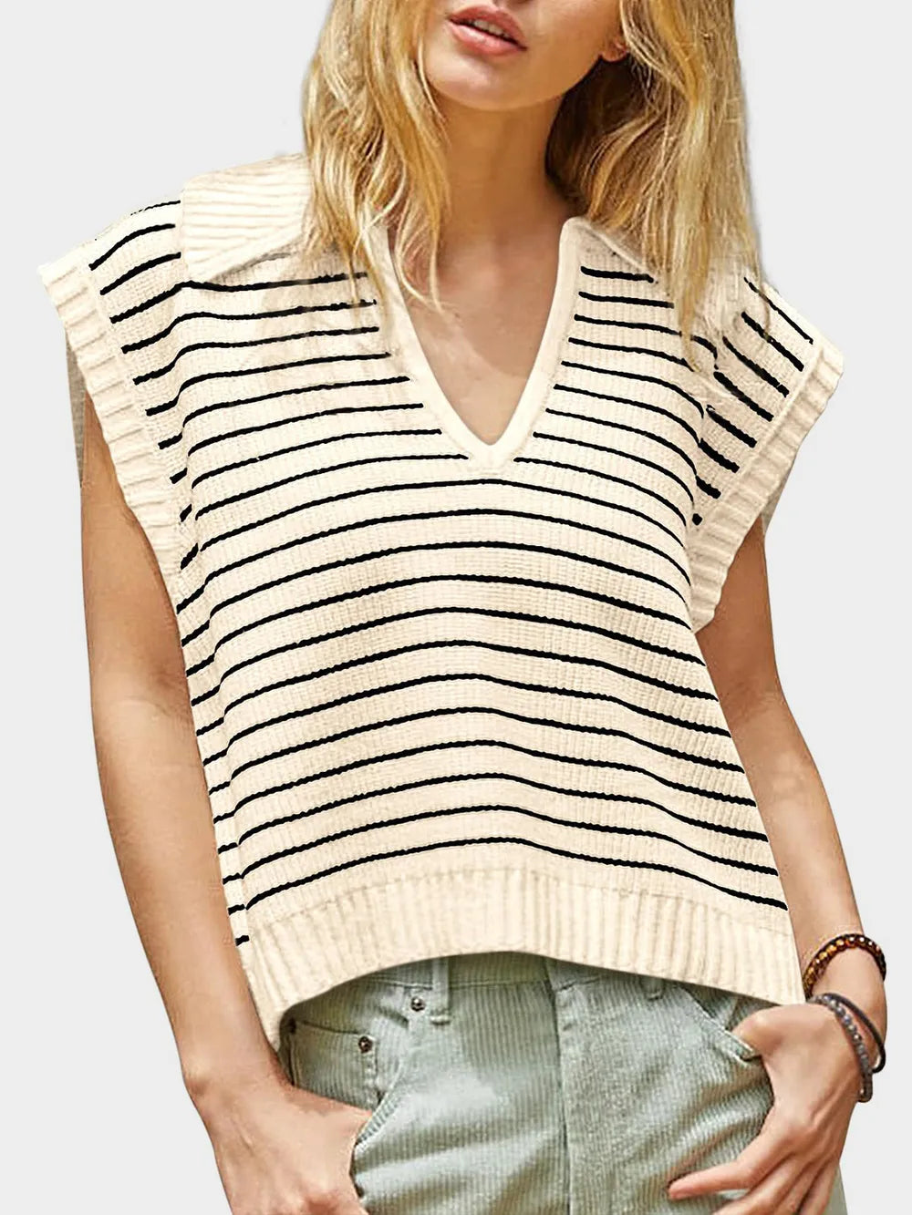 Collared Neck Striped Sweater Vest (8)