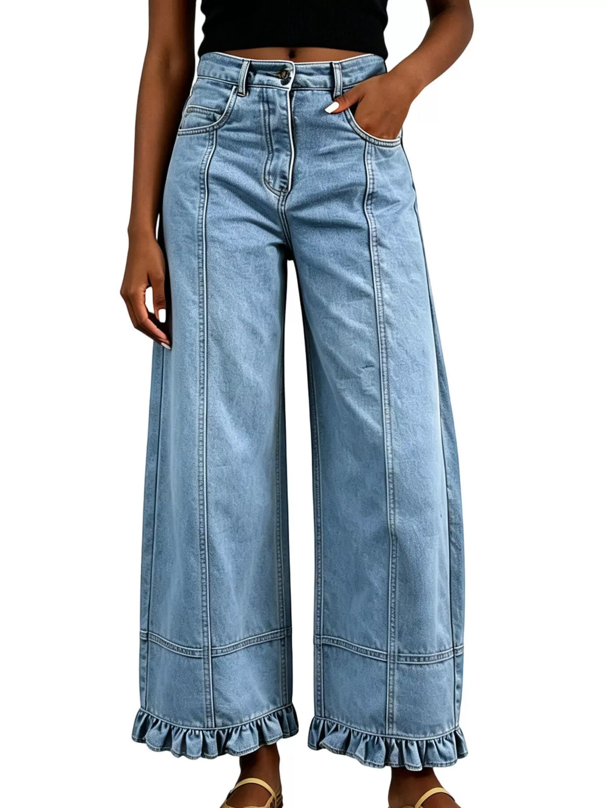 Full Size High-waisted Wide-leg Ruffled Hem Jeans Plus (3)