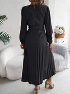 Pleated Tied V-neck Long Sleeve Dress (26)