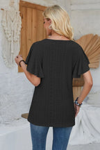 Eyelet Applique V-neck Cap Sleeve T-shirt (16)