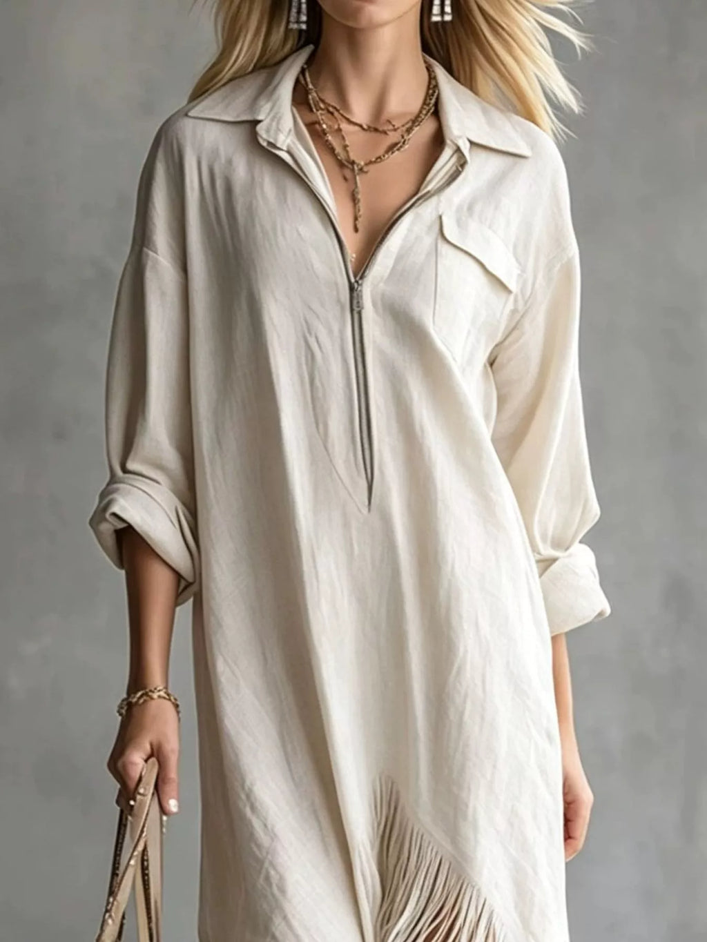Fringe Hem Zip-up Shirt Dress (2)