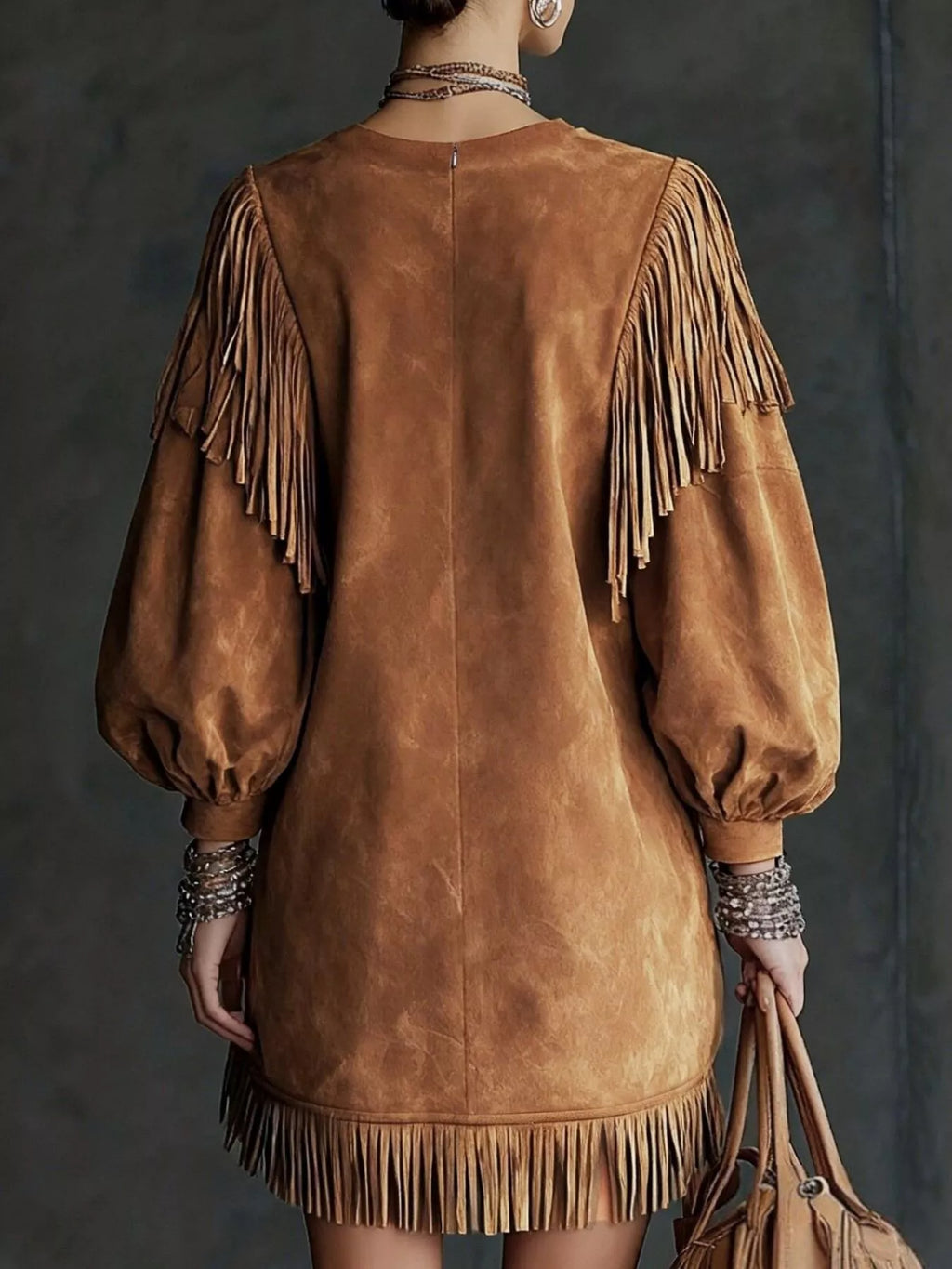 Fringe Detail Lantern Sleeve Mini Dress (15)