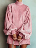 Full Size Corduroy Mock Neck Lantern Sleeve Mini Dress Plus