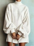 Full Size Ribbed Mock Neck Lantern Sleeve Mini Dress Plus