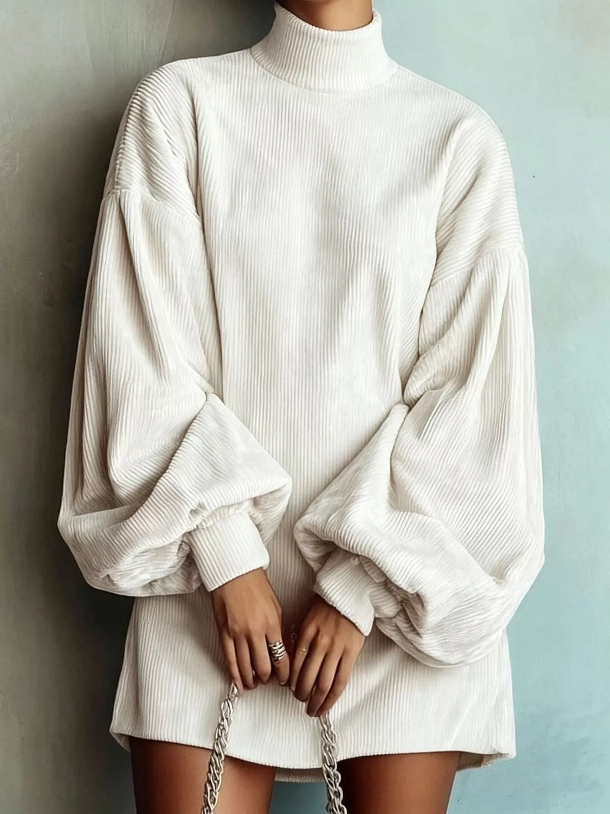 Full Size Ribbed Mock Neck Lantern Sleeve Mini Dress Plus