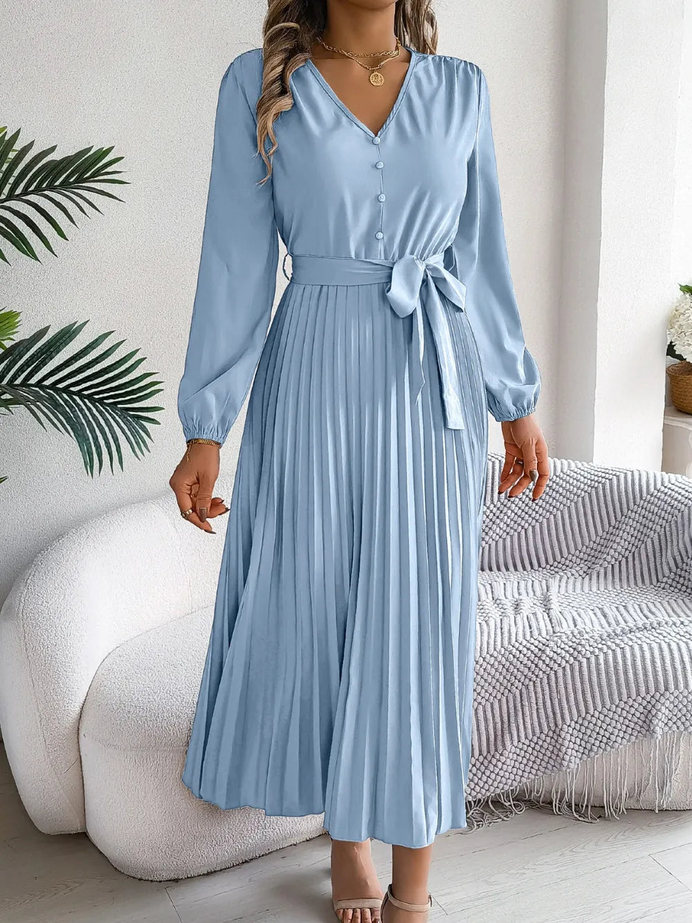Pleated Tied V-neck Long Sleeve Dress (10)