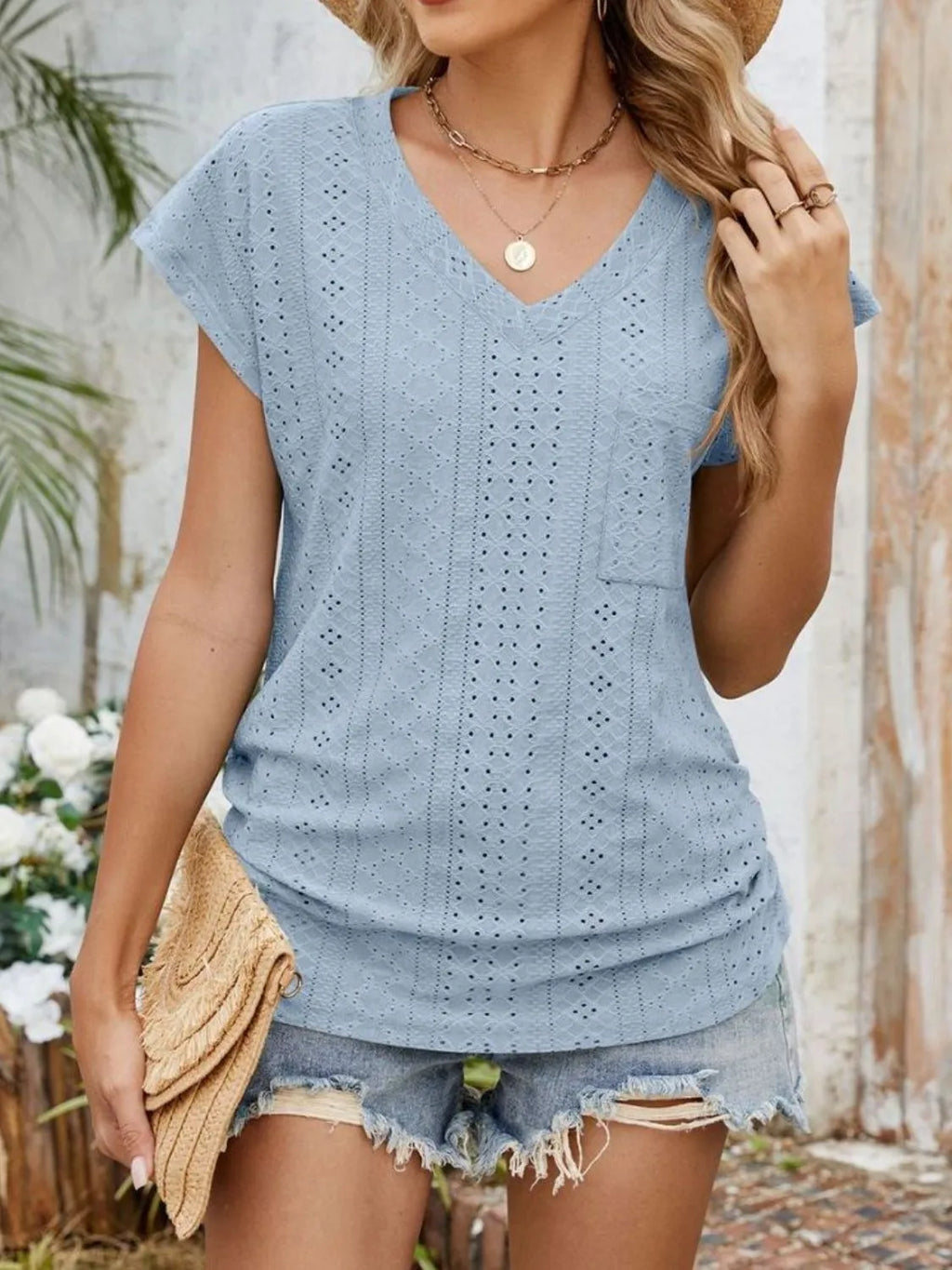 Eyelet V-neck Short Sleeve Top (8)
