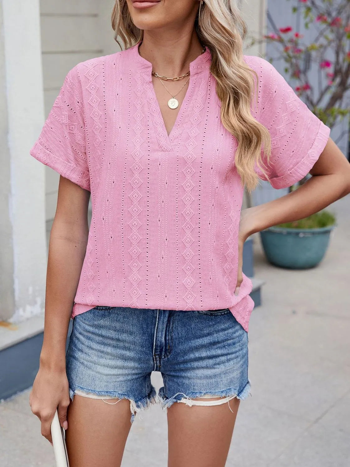 Eyelet Notched Short Sleeve Top (20)