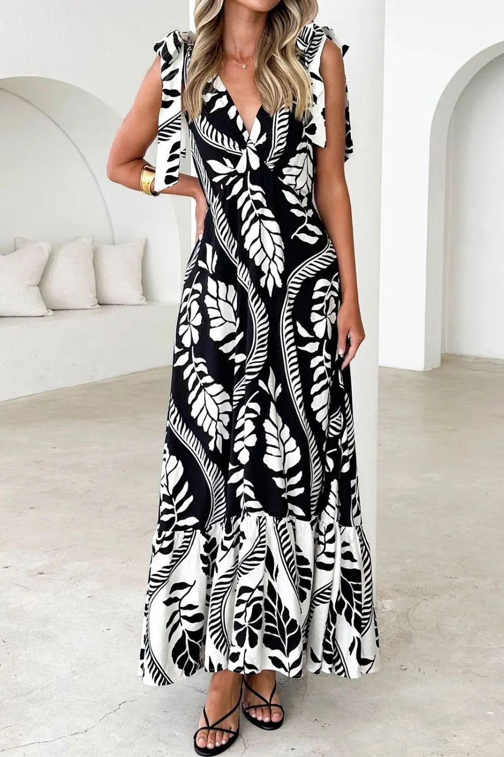 Printed V-neck Tie Shoulder Midi Cami Dress (11)