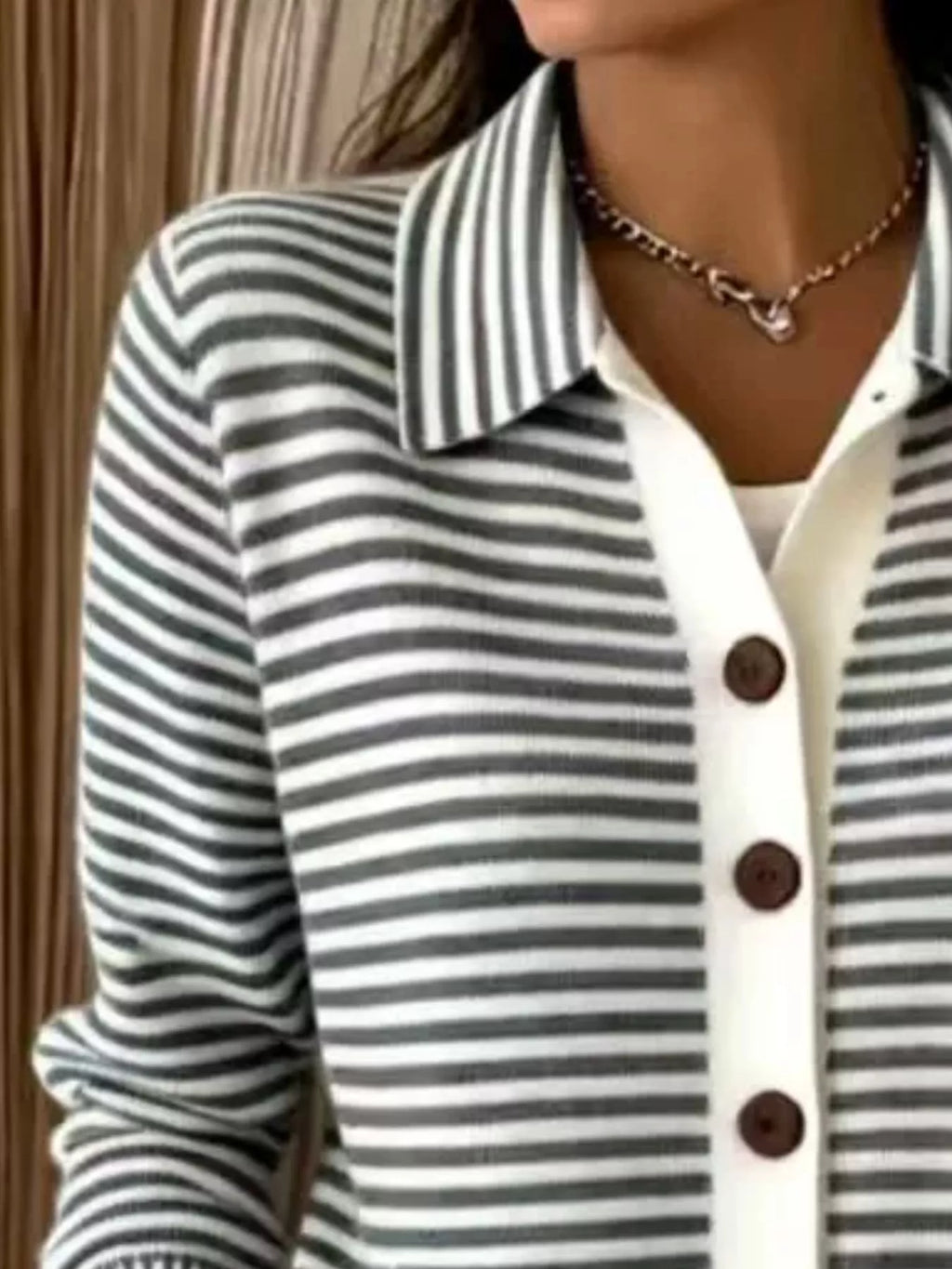 Striped Collared Button-down Knit Cardigan (4)