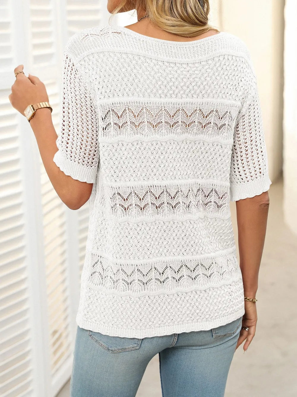Openwork Round Neck Half Sleeve Knit Top (23)