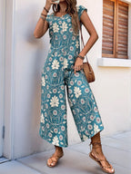 Printed Round Neck Cap Sleeve Wide Leg Jumpsuit