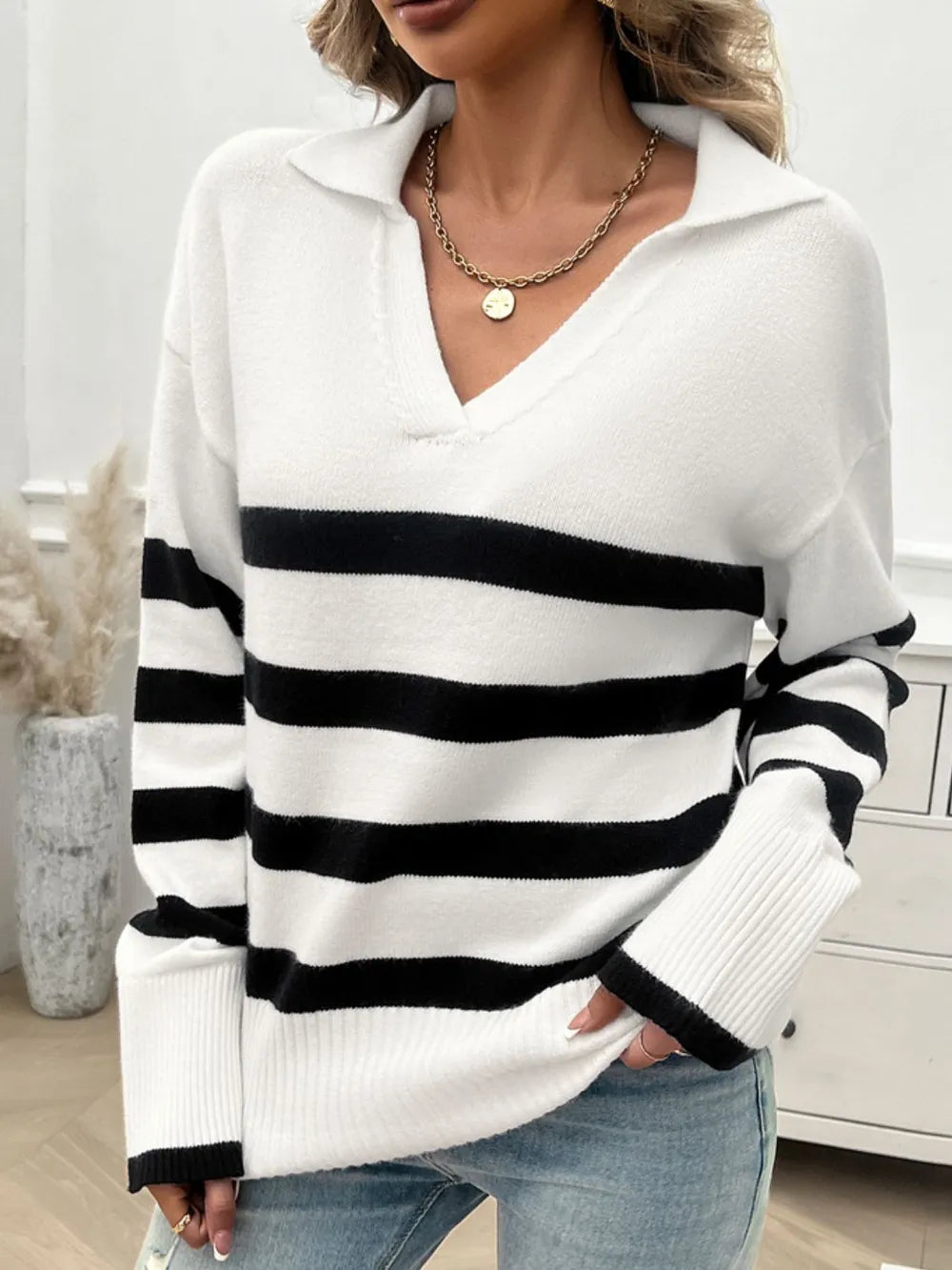 Striped Collared Neck Long Sleeve Sweater (14)