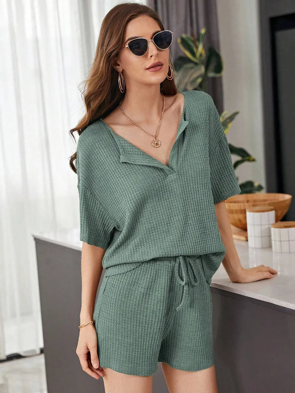 Full Size Waffle-knit Dropped Shoulder Top Shorts Set (12)
