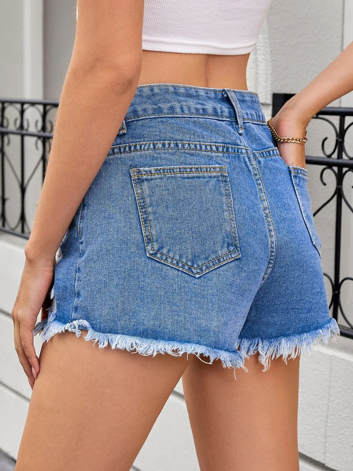 Distressed Raw Hem Denim Shorts (9)
