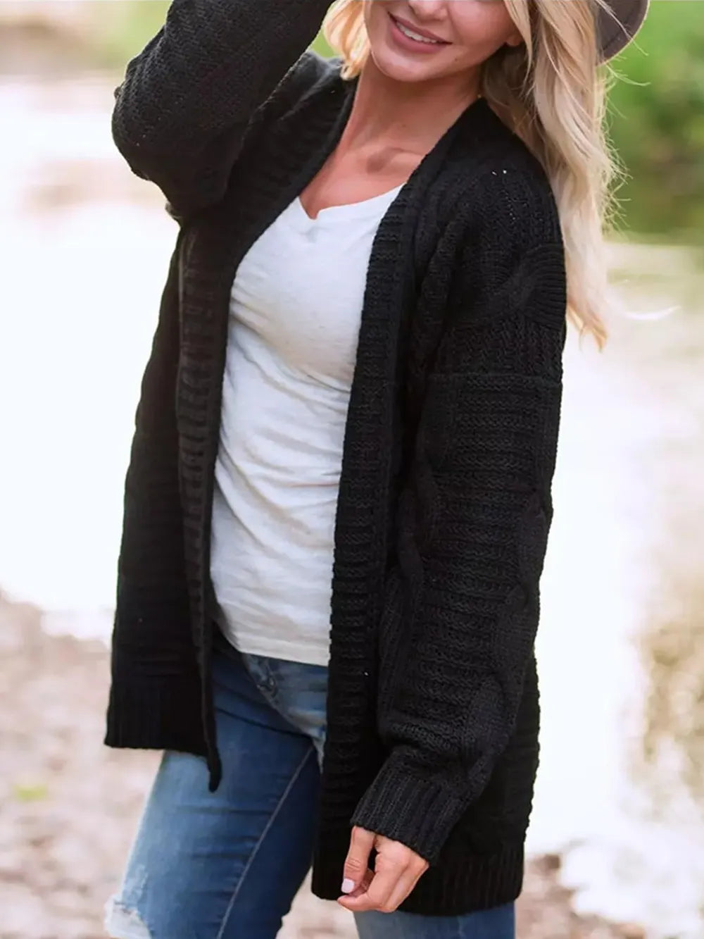 Cable-knit Open Front Long Sleeve Cardigan (8)