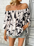 Printed Off-shoulder Bell Sleeve Blouse (10)