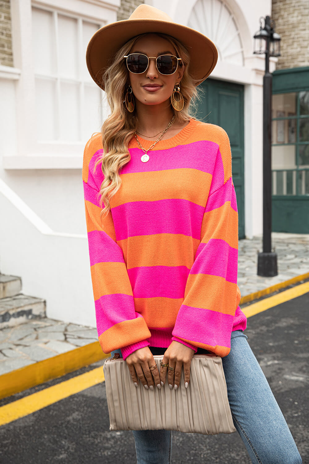 Striped Balloon Sleeve Knit Pullover (13)