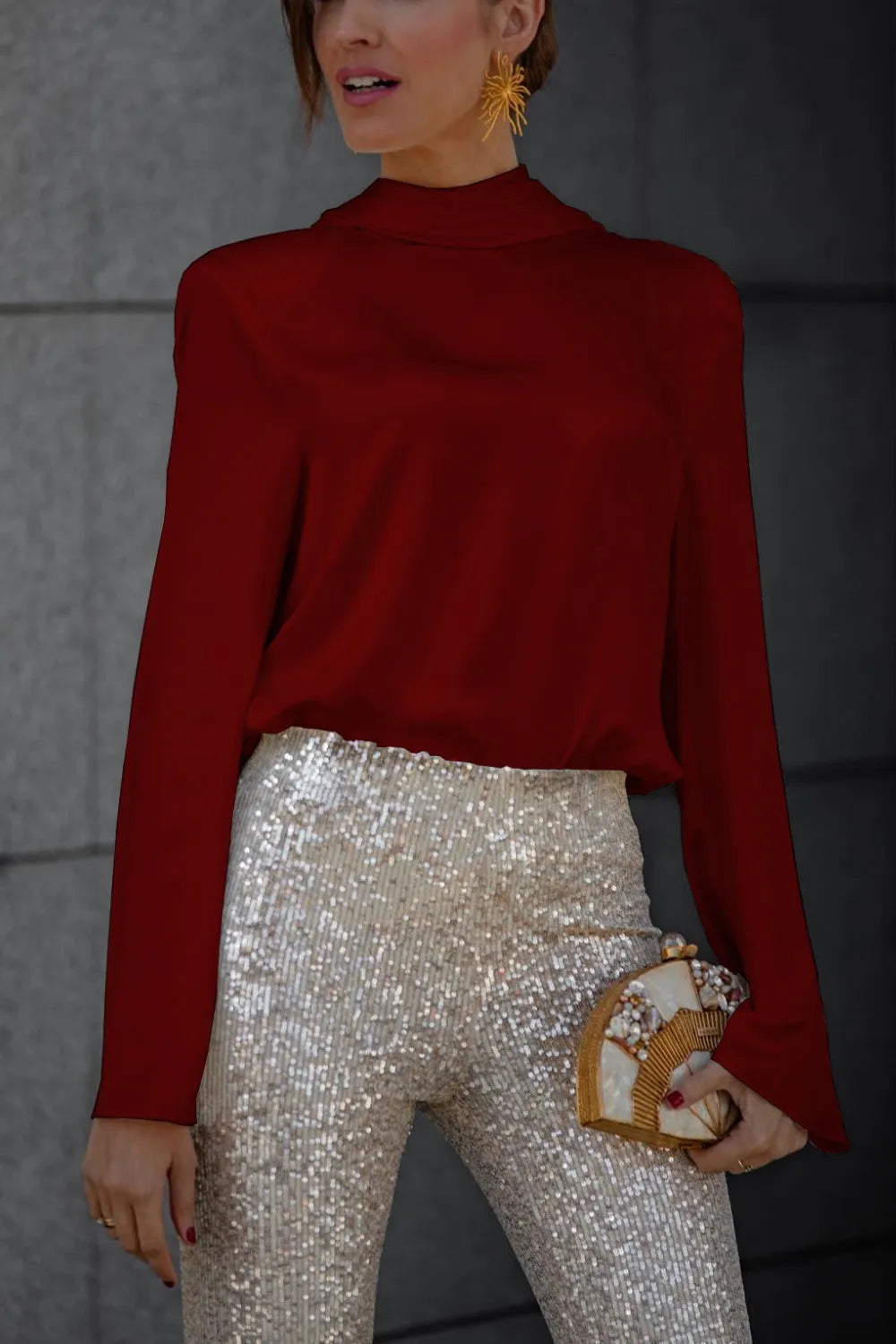 Backless Cowl Neck Long Sleeve Blouse (4)