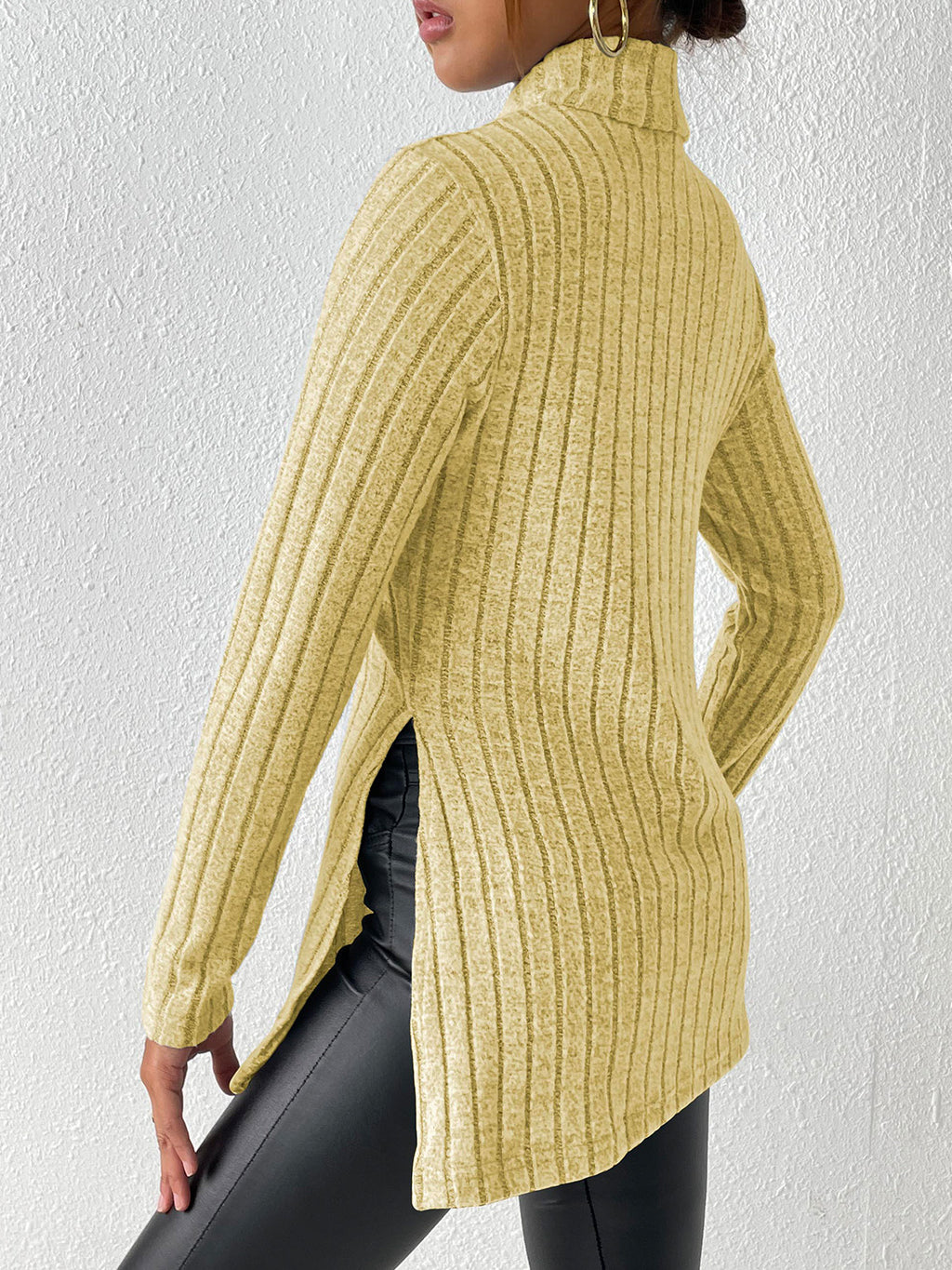 Ribbed Turtleneck Long Sleeve Slit T-shirt (10)