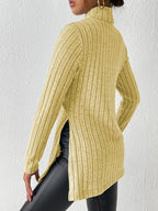 Ribbed Turtleneck Long Sleeve Slit T-shirt (10)