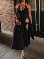 Halter Neck Ruched Bodysuit Maxi Skirt Set (11)