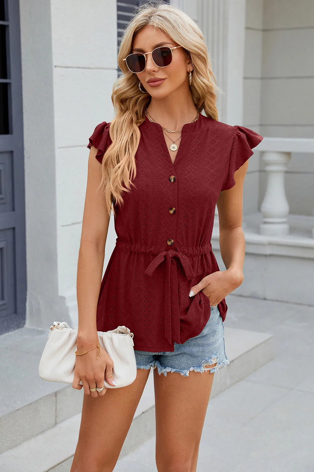 Eyelet Notched Cap Sleeve Blouse (5)
