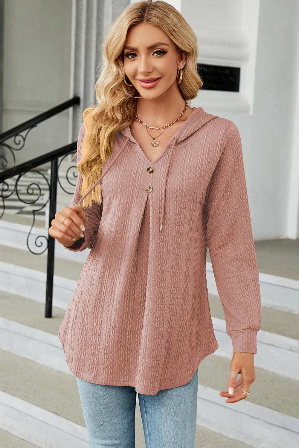 Decorative Button Drawstring Long Sleeve Hoodie (20)