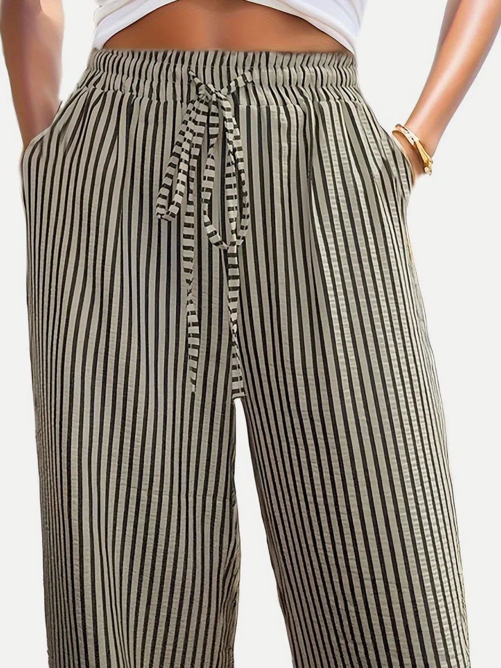 Drawstring Striped Elastic Waist Pants (3)
