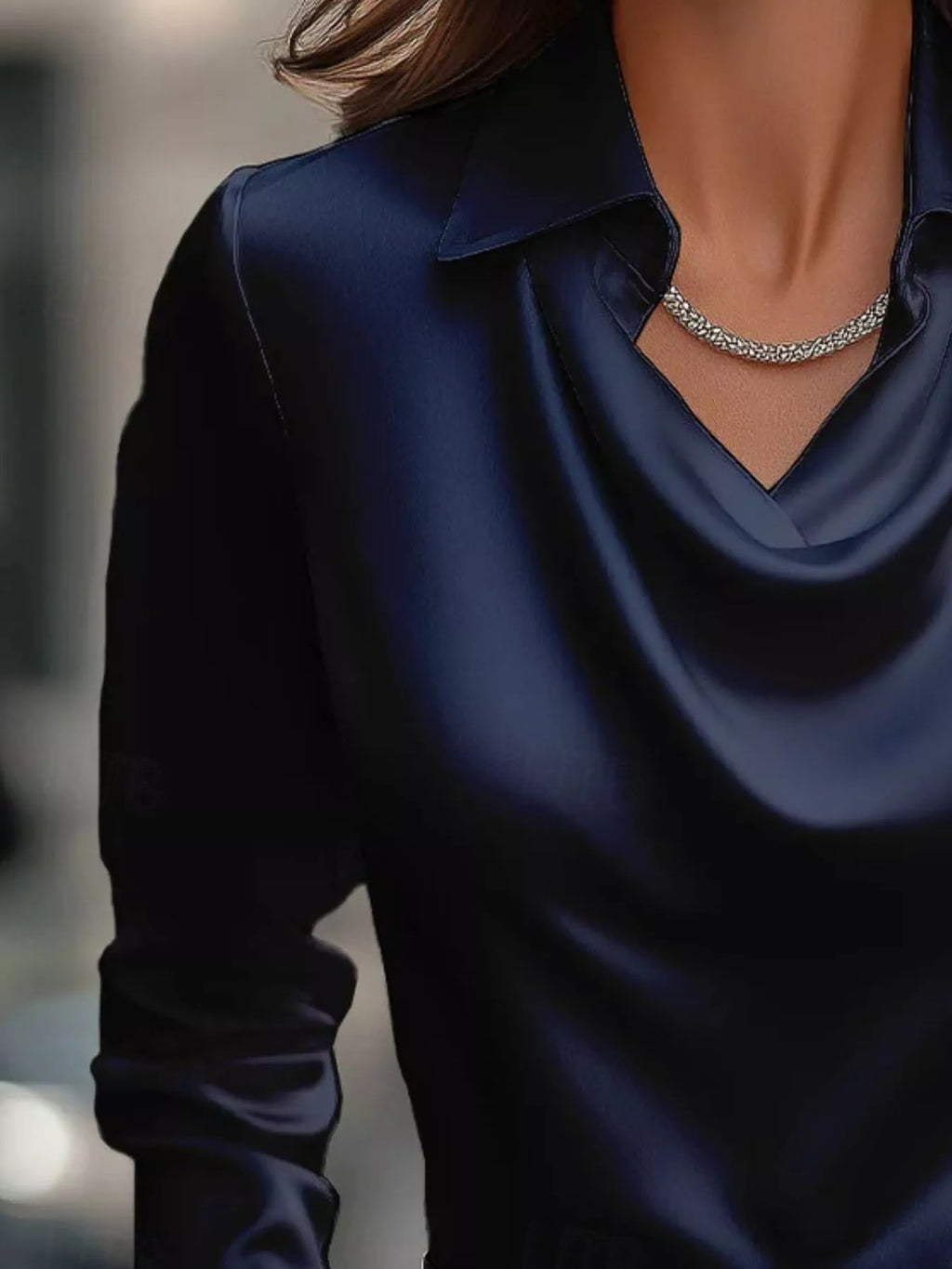 Ruched Long Sleeve Drape Collar Blouse (27)