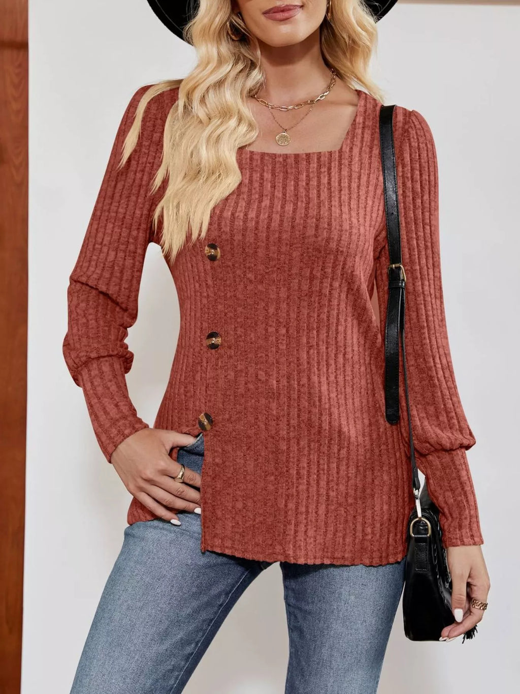 Ribbed Knit Slit Long Sleeve T-shirt (2)