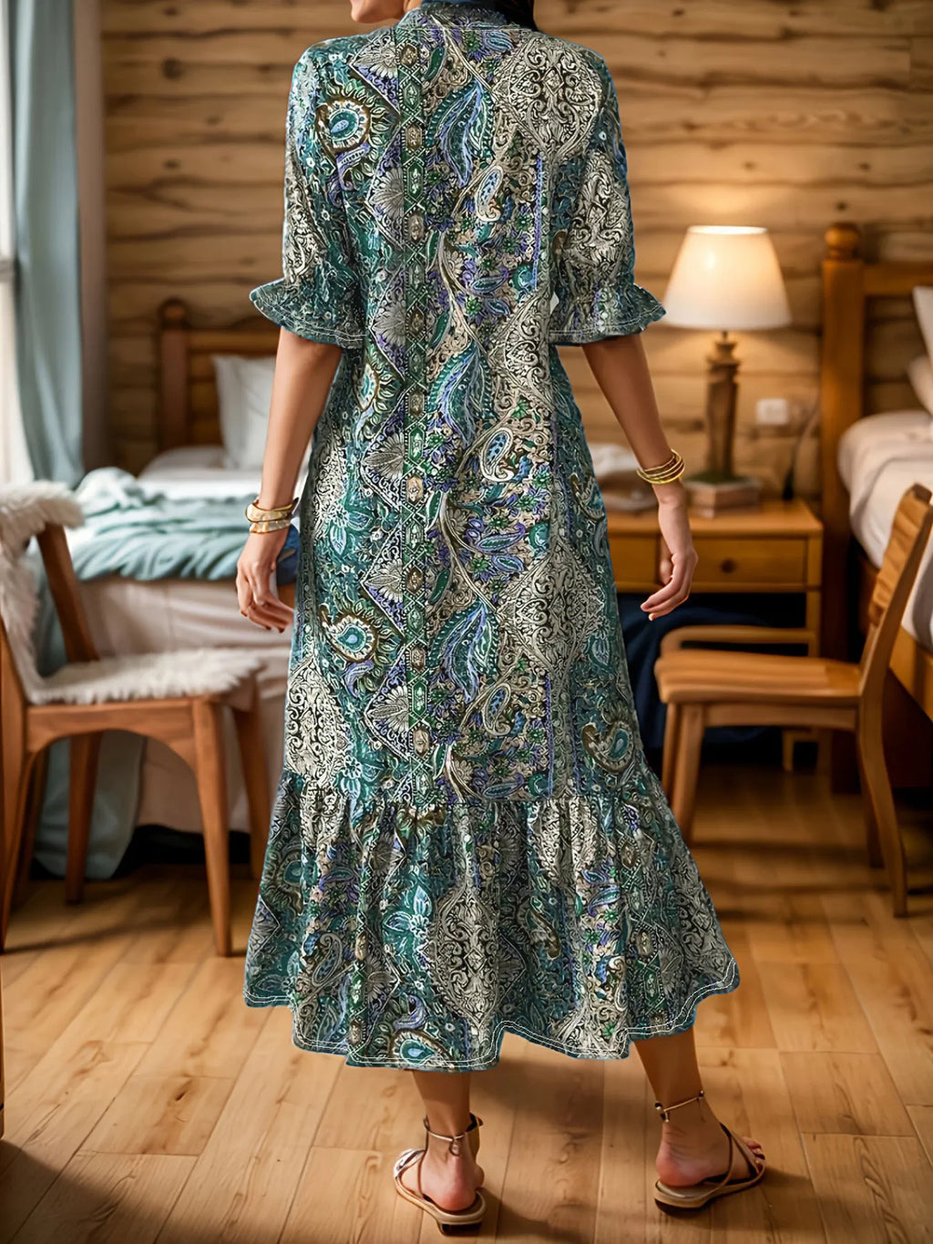 Full Size Bohemian Paisley Print Ruffle Hem Midi Dress Plus (2)