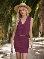 Openwork V-neck Top Skirt Knit Cover Up Set (5)