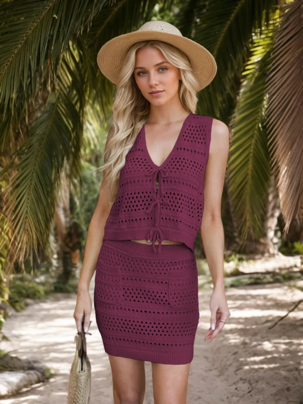 Openwork V-neck Top Skirt Knit Cover Up Set (5)