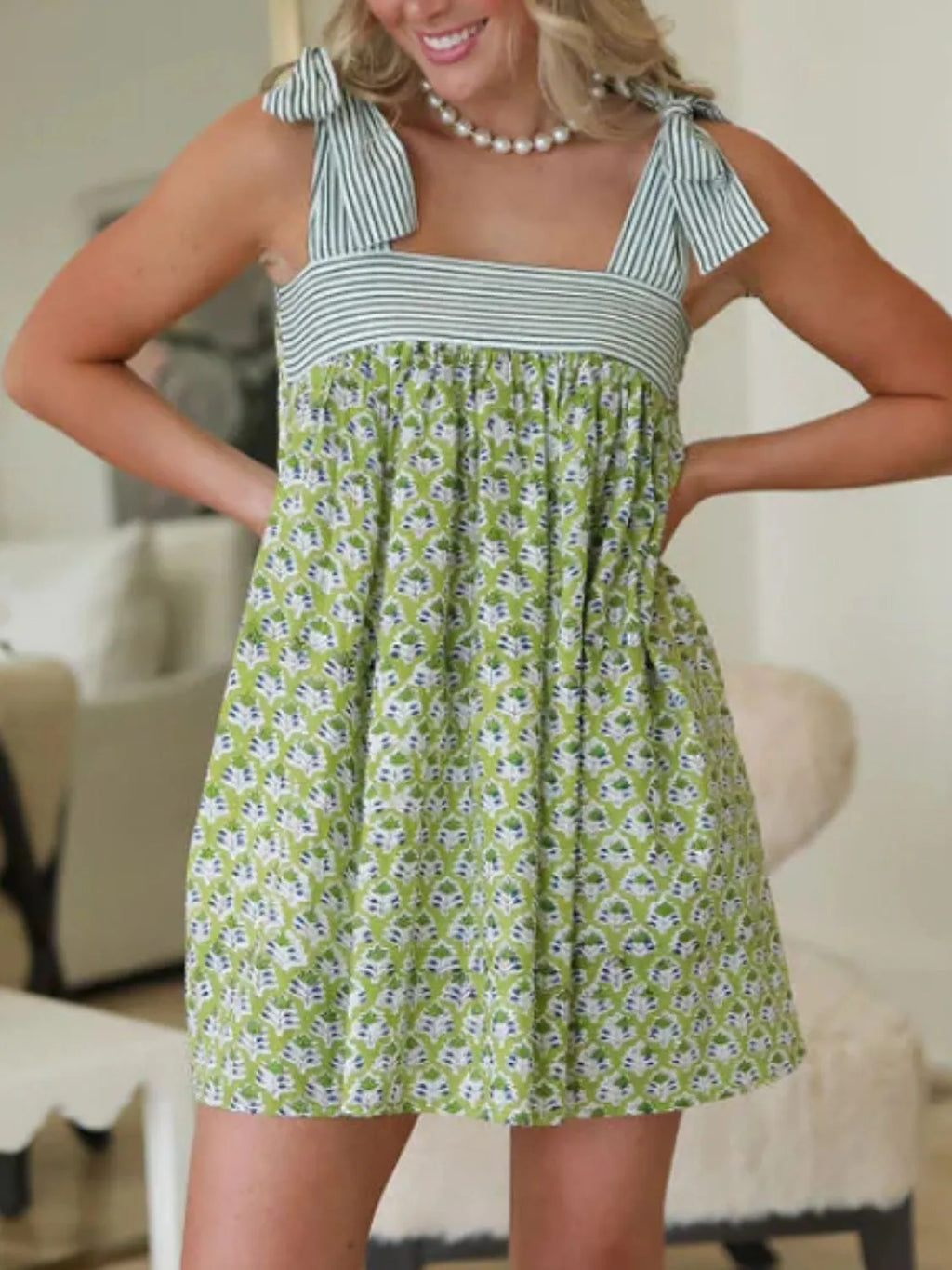 Printed Square Neck Tie Shoulder Mini Dress (8)