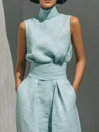 Full Size Turtleneck Sleeveless Top Wide Leg Pants Set Plus (5)