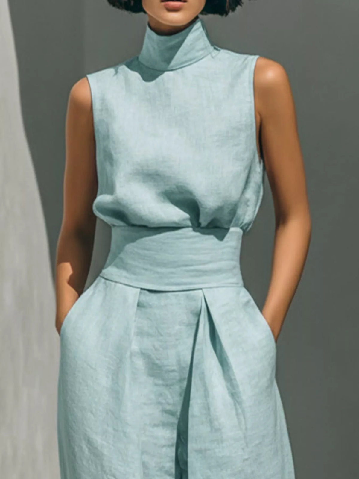 Full Size Turtleneck Sleeveless Top Wide Leg Pants Set Plus (5)