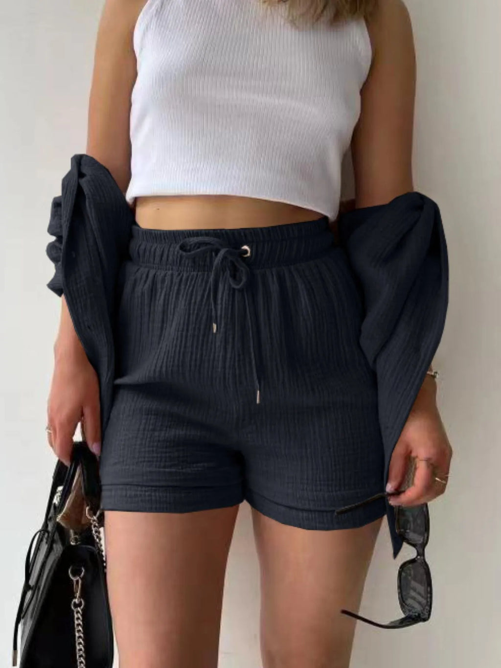 Textured Button Up Shirt Shorts Set (18)